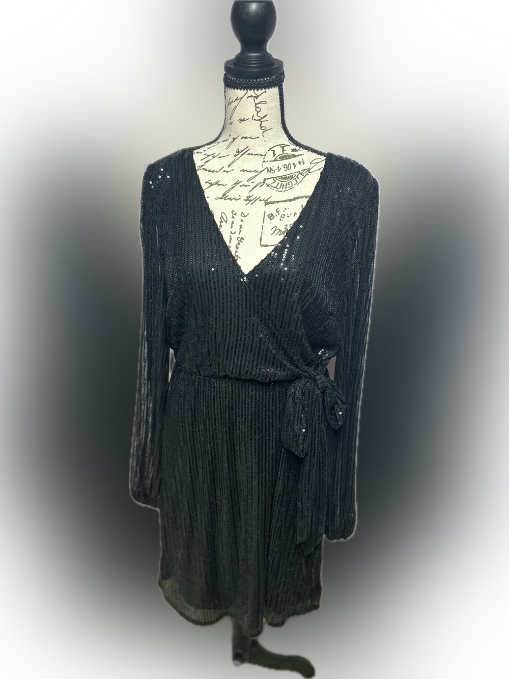Vine & Love Black Sequin Wrap Midi Dress with V-Neckline - Picture 2 of 5